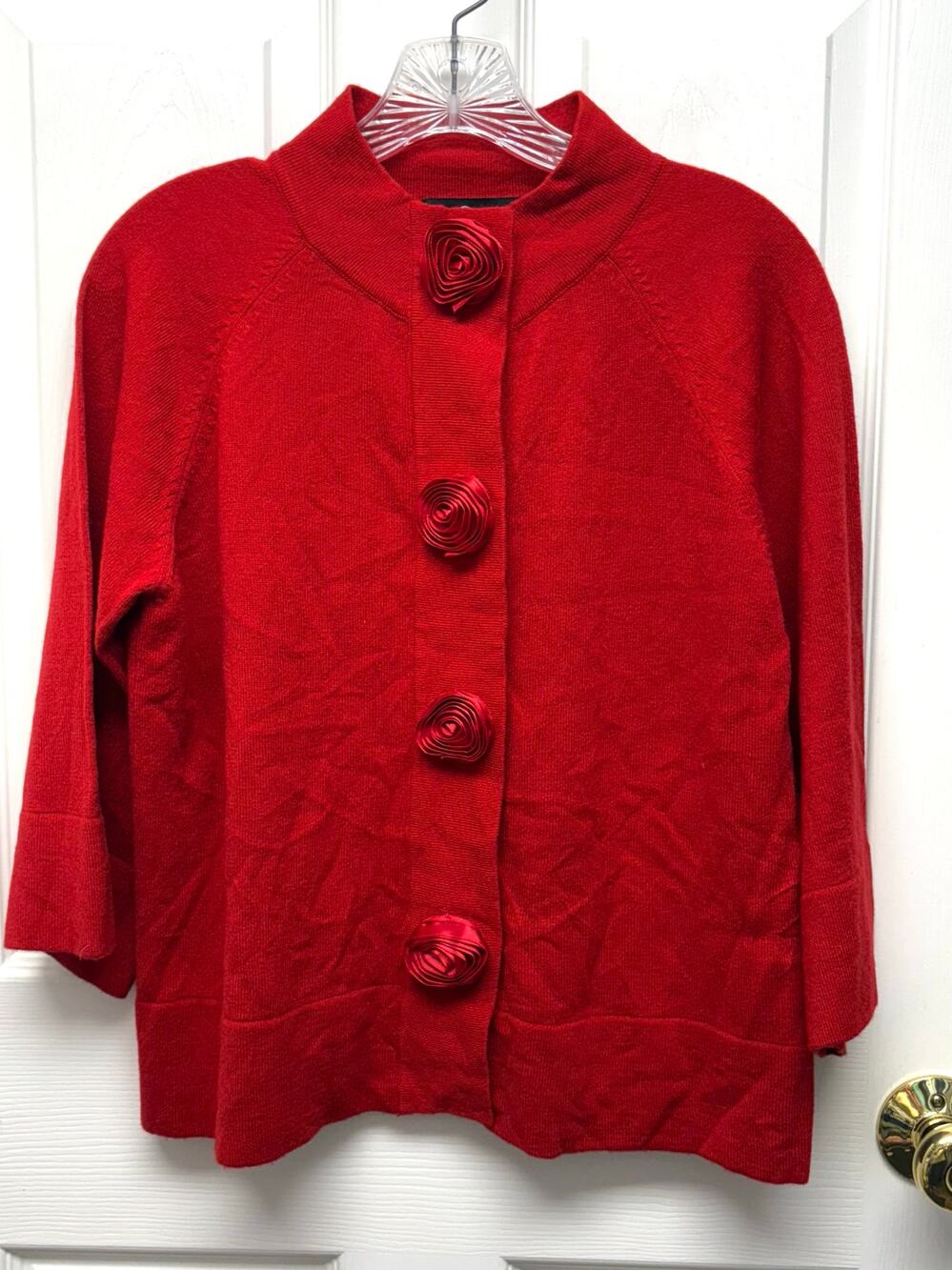 Red Sweater Cardigan Rosette Accents Sharagano Studio Acrylic Women’s Size M